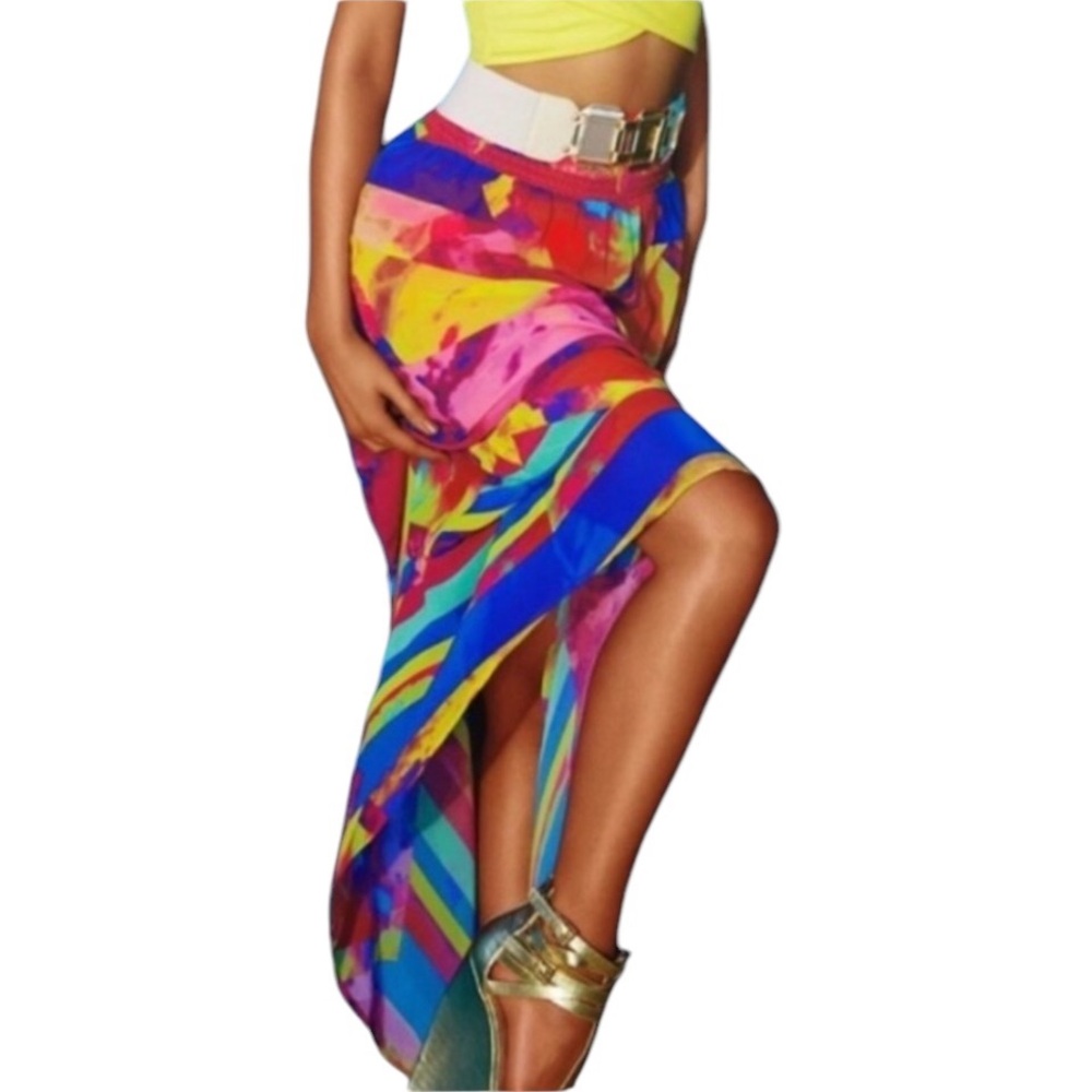 Bebe large colorful semi sheer print high/ low lined skirt with elastic waist